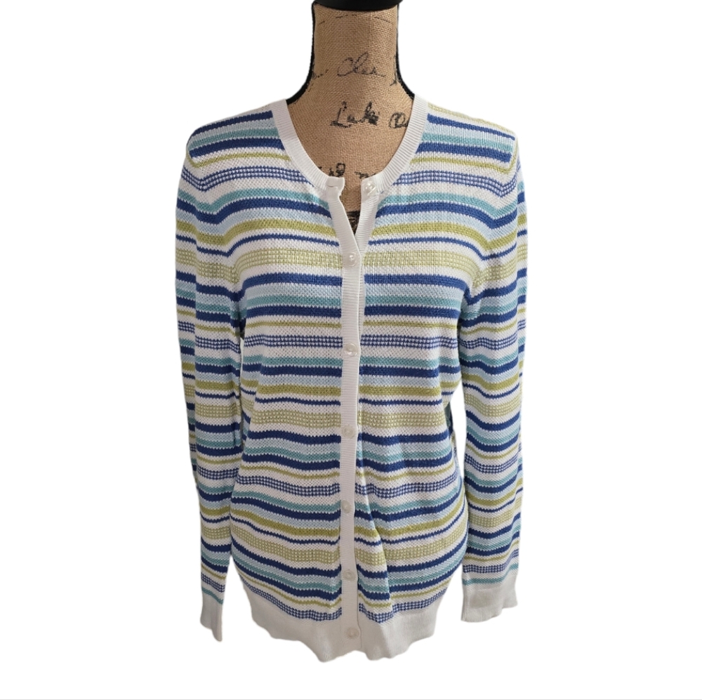 Pendleton‎ blue, lime Green, and White Striped Cardigan Sweater Size Medium